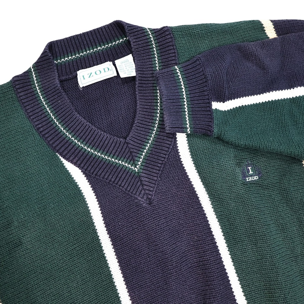 VINTAGE IZOD Men's L Navy Blue Green White Striped Embroidered V-Neck Sweater